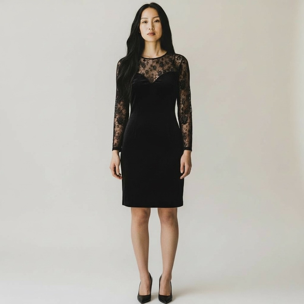 Niki Wior Black Velvet Lace Illusion Long Sleeve Sheath Dress‎ Size 10